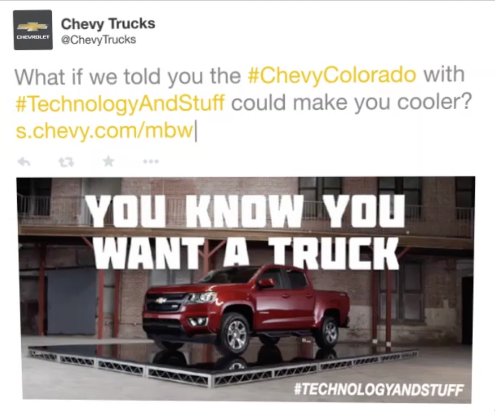 Chevy Trucks Tweet stating What if we told you the Chevy Colorado with Technology and Stuff could make you cooler?