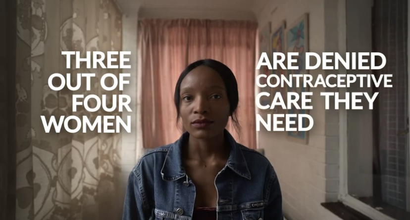 Woman in bathroom text three out of four women are denied contraceptive care they need